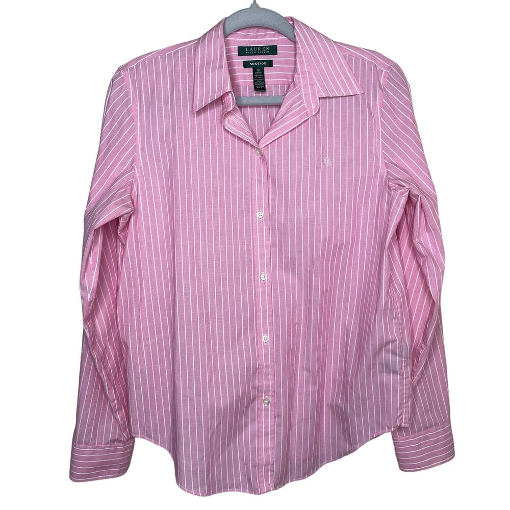 Ralph Lauren No-Iron Pink with White Stripe Button Down Size M